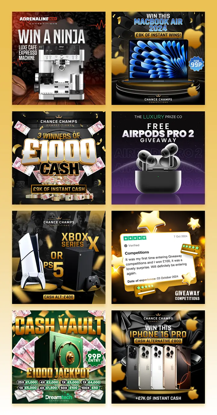 Social media posts for prize competitions including a Ninja espresso machine, MacBook Air, £1000 cash, AirPods Pro 2, Xbox or PS5, a customer review and iPhone 16 Pro