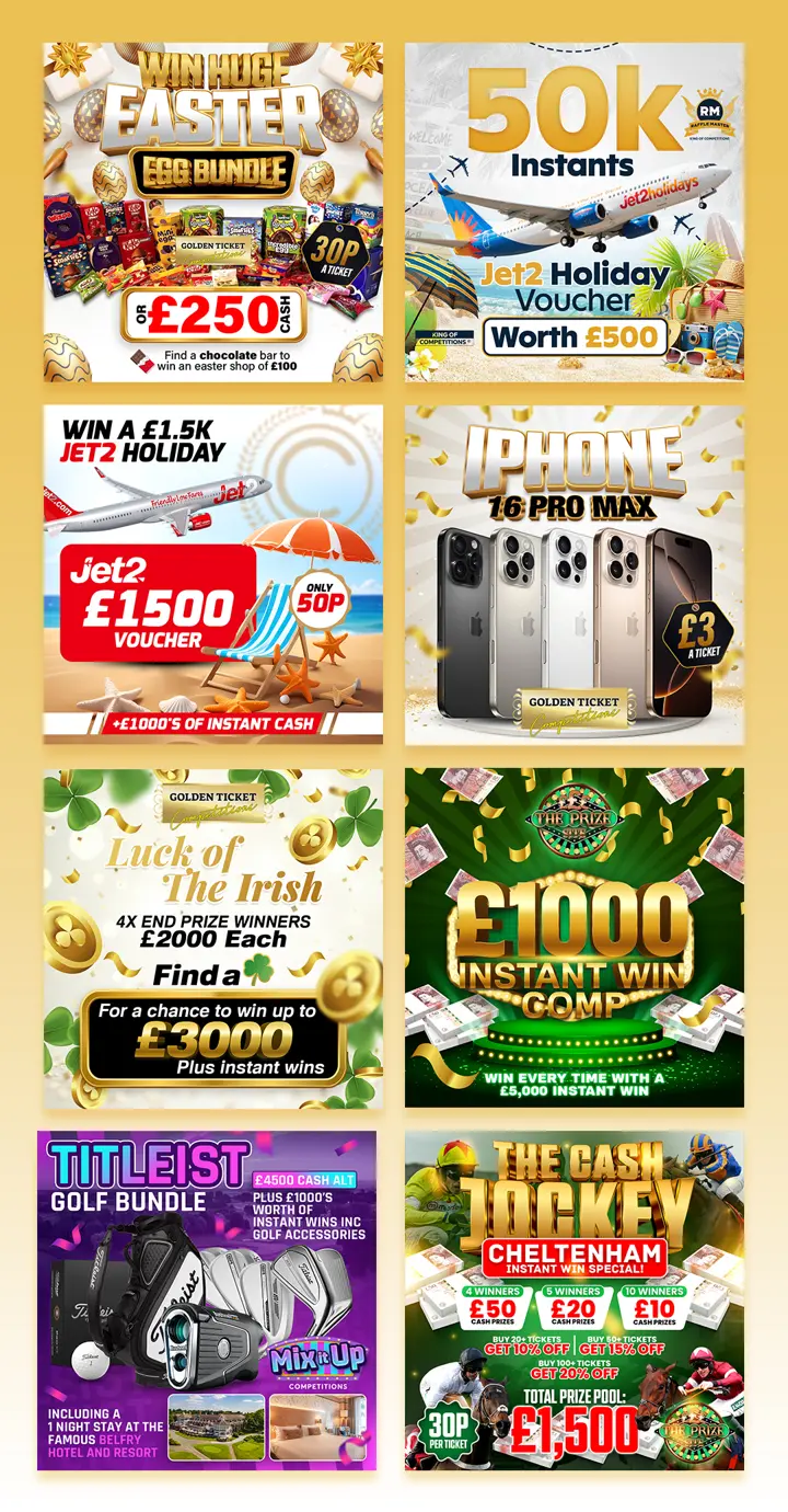 Social media posts for Easter egg bundle, Jet2 holiday vouchers, iPhone 16 Pro Max, Luck of the Irish, £1000 instant win, Titleist golf bundle and Cheltenham cash jockey competitions